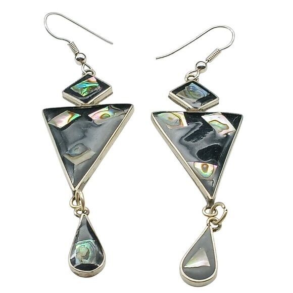 Vintage Abalone & Silver Geometric Dangle Earrings from Alpaca Mexico - Picture 2 of 4